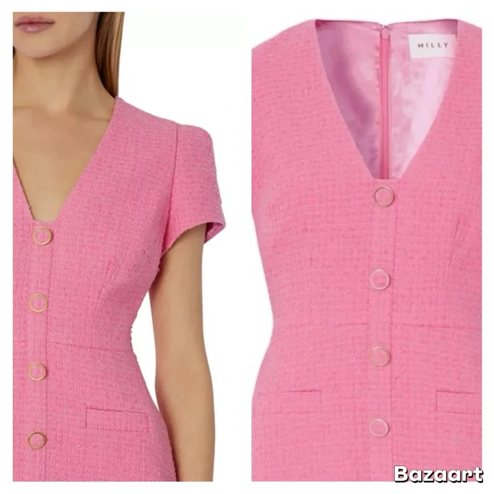 MILLY Genevie Pink Bouclé V Neck Dress  NWOT - Picture 4 of 13